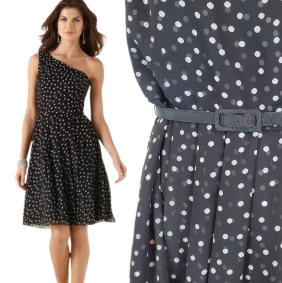 White House Black Market Dresses & Skirts - WHBM One Shoulder Black Gray Polka Dot Cocktail Dress Size 2 Womens with Belt